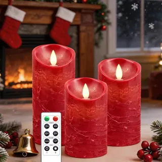 AiiBowy Led Kerzen [3er Set] Flammenlose Kerze Echtwachs Flackernde Dimmbar mit Batterie Fernbedienung Weihnachtskerzen LED Flammen 4"/5"/6” Tischdeko, Wohnzimmer, Weihnachten, Hochzeit, Party (Rot)
