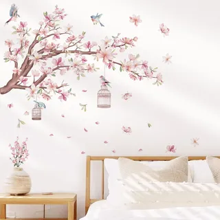 wondever Wandtattoo Blumen Rosa Magnolie Wandsticker Vögel auf Ast Baum | Abziehen und Aufkleben, Abziehbar, Wandaufkleber Selbstklebend für Schlafzimmer Wohnzimmer Flur Sofa Hintergrund Wanddeko