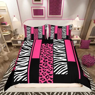 Loussiesd Leopard Zebra Bettbezug 220 x 240 cm, Kinder, Gepard, Rosa, Weiß, Schwarz, Bettwäsche für Jungen, Jugendliche, Tiere, bedruckt, Bettwäsche, Set Safari
