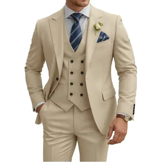 TIJOFA 3-teiliger Anzug für Herren, schmale Passform, zweireihiger Anzug, Hochzeitsanzüge, klassischer Ein-Knopf-Anzug, formell, Abschlussball, Abendessen, Smoking, Dunkles Beige, XL