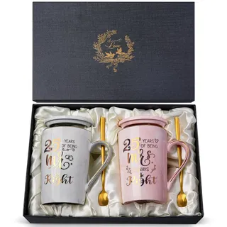Silberhochzeit Geschenk, Geschenke zur Silberhochzeit, 25 Hochzeitstag Geschenke für Frauen Männer Paar - 14 Oz Keramik Marmor Tassen Set mit Deckel, Löffel, Geschenkbox, 25 Jahre Silberhochzeit