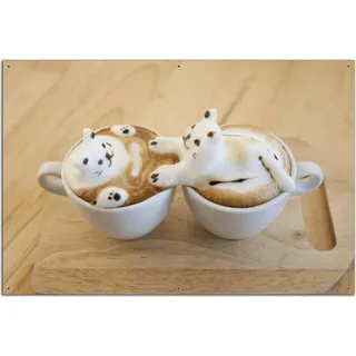 Wallario Outdoor-Poster für Garten oder Balkon, Motiv Süße Milchschaum Katzen auf Kaffee, in ca. 61 x 91,50 cm - Braun