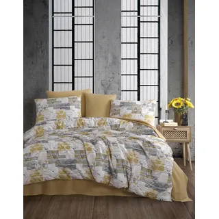 Nuit Des Rêves Ranforce Single XL Quilt Cover Set, 100% Cotton, 155 x 200 cm Duvet & 80 x 80 cm Pillowcase, Yellow, White & Grey | Soft, Stylish Bedding for Modern Bedrooms, Twin