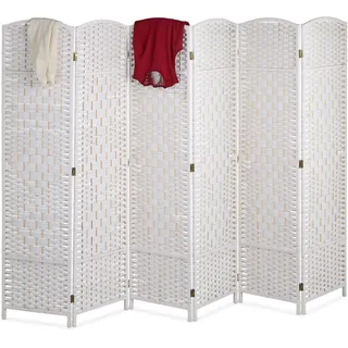 Relaxdays Paravent Raumteiler, HxB: 170 x 240 cm, faltbarer Raumtrenner, 6-teiliger Sichtschutz, Holz & Papierseil, weiß