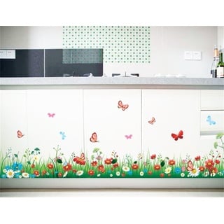 ufengke Wandtattoo Grün Gras Wiese Wandaufkleber Wandstickers DIY Bunte Blumen & Schmetterlinge Wandbild für Kinderzimmer Wohnzimmer Schlafzimmer Baseboard Flur Garderobe