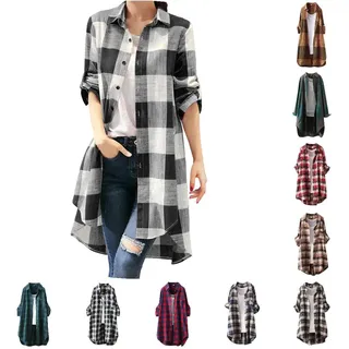 Karohemd Leinenhemd Damen Musselin Bluse Longbluse Mit Stehkragen Kariertes Hemd Hemdbluse Karierte Elegant Lang Für Leggings
