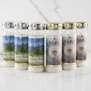 6er Set HOFER GRABKERZEN 7 Tage Brenndauer - Das Original [Papa Select] regenfest | Kerzen mit Deckel | Grablicht, Friedhofskerze mit Motiv und Spruch | Kerzen für Grabdeko
