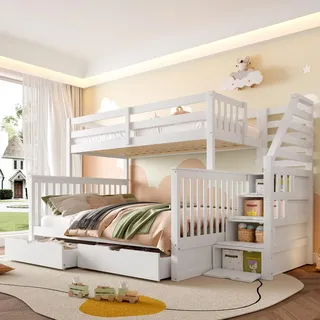 Sweiko 90 x 200 über 140 x 200 Etagenbett mit Schubladen, Stauraum, ohne Matratze, multifunktional, weiß - Weiß