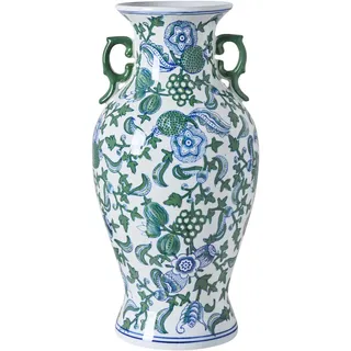 Blumenvase groß rund Porzellan weiß/blau/grün handgemacht Amphore 47 cm hoch Segowia