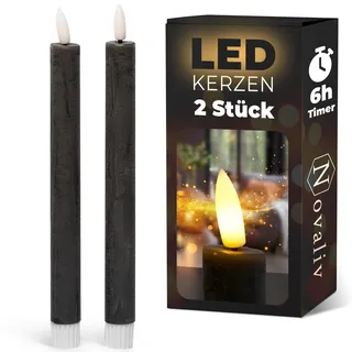 Stabkerzen LED mit Timer SCHWARZ 2er indoor mit Timer Funktion 6 Stunden ECHTWACHS 24cm Höhe für Kerzen 2,2cm Durchmesser 2 AAA Batterien notwendig LED Stabkerzen flackernde Flamme bewegliche Flamme