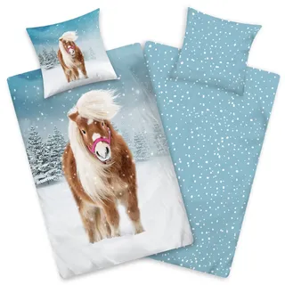 Aminata kids Biber Bettwäsche 135 x 200 Kinder Pferde-Motiv Mädchen Flanell Baumwolle, Reißverschluss, Kinder-Wende-Bettwäsche-Set Pony im Schnee, Flanellbettwäsche