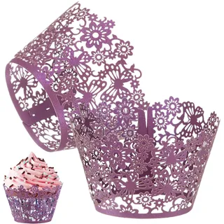 M METERXITY 50erPcs Muffinförmchen Perlmutt-Kunstpapier Blumen-Spitzen-Ausstech-Muffinförmchen Für Hochzeit/Geburtstagsfeier-Dekoration Backförmchen [Dunkelviolett]