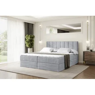 altdecor Boxspringbett mit H4 Matratze und Topper - 160 x 200 cm - OTTA - Hellgrau Samt - Polsterbett mit Bettkasten und Lattenrost, Bett mit Stauraum - Hellgrau