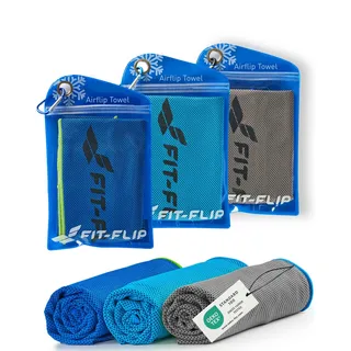 Fit-Flip Kühltuch 3er Set – kühlendes Handtuch Fitness und Sport – mikrofaser kühlhandtuch – Airflip kühltücher – cool Ice Towel (dunkelblau-grün/grau-blau/blau-dunkelblau, 100x30cm)
