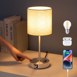 EDISHINE LED Nachttischlampe Touch Dimmbar, Tischlampe Modern, Kleine Lampe, mit Ladefunktion, 2 USB Anschlüsse, Schlafzimmer, Wohnzimmer, Fensterbank, Geschenk, Leinen Lampenschirm