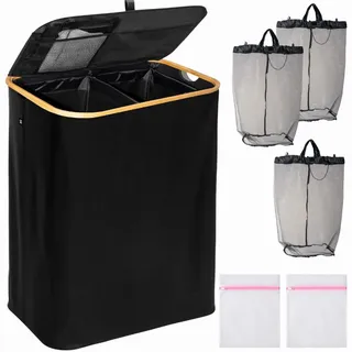 Wäschekorb schwarz 140L – Faltbar & mit Deckel – 2 Fächer + 3 Wäschesäcke & 2 Waschnetze – Aus Oxfordstoff 600D – Wäschesortierer & Wäschetruhe für Bad, Schlafzimmer & Haushalt
