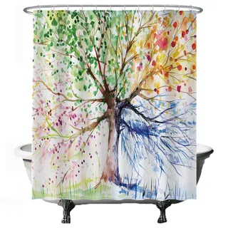 Ulticool Duschvorhang - Baum des Lebens 4 Jahreszeiten Aquarell - 180 x 200 cm – Anti Schimmel - Waschbar – Wasserdicht - mit 12 Ringe - Grün Blau Gelb Rosa