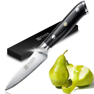 PAUDIN Damast Schälmesser 9 cm - Obst und Gemüsemesser Japanisches VG10 Küchenmesser mit ergonomischem schwarzem G10-Griff