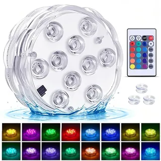 Mini Unterwasser Licht RGB Multi Mehrfarbige Teichbeleuchtung LED Poolbeleuchtung, Wasserdichte Teelichter mit Fernbedienung Saugnäpfe für Pool Garten Aquarium Spa Badewanne Teich Vase Hochzeit