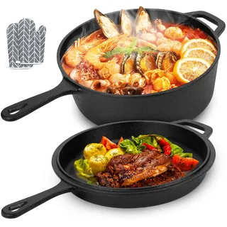 Gusseisen Topf und Pfanne Set 1,5L & 4,5L – 2in1 Bräter mit Deckel und Bratpfanne, Gleichmäßige Wärmeverteilung, Für Gas/Induktion/Backofen – Ideal zum Braten, Schmoren & Brotbacken