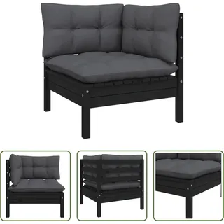 The Living Store Garten-Ecksofa mit Kissen in Schwarz Massivholz Kiefer - Schwarz