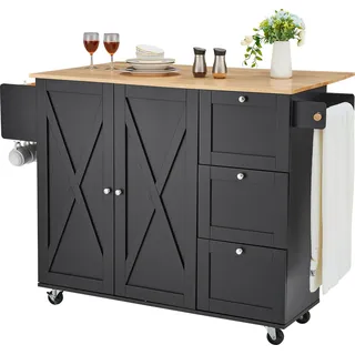 SucceBuy 56“ Kücheninsel Wagen mit Holzplatte, Mobile Storage Cabinet, Rolling Table mit Drop Leaf, Gewürzregal, Handtuchhalter, verstellbarem Regal, Schublade & Haken, Portable auf Rädern, Schwarz - Braun, Schwarz