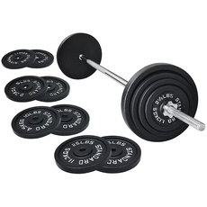 Signature Fitness Standard-Hantelscheiben aus Gusseisen, inklusive 1,5 m Standard-Langhantel mit Sternverschlüssen, 43,1 kg Set (38,6 kg Scheiben + 4,5 kg Langhantel), mehrere Pakete, Stil #1