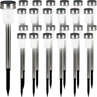 DEUBA® Solarlampe für Außen 24er Set LED Wetterfest IP44 Dämmerungssensor Erdspieß Edelstahl Weiß Solar Garten Leuchte Außenleuchte Balkon Deko