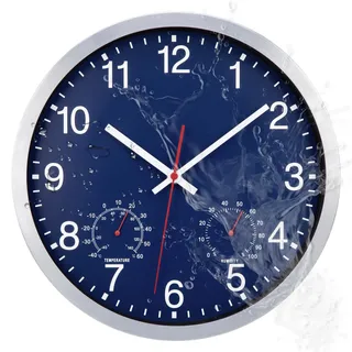 ACCSHINE Outdoor Wasserdicht Wanduhr Mit Thermometer und Hygrometer Anzeige Wanduhr Ohne TickgeräUsche Lautlos 30cm Quarz Batterie Betriebene Groß Deko Garten Wand Uhr (Blau)