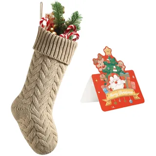 meioro Weihnachtsstrümpfe mit Grußkarte, 46cm/18in Große Größe Kabel Strick Weihnachtsstrümpfe, Kamin Hängende Weihnachtsstrümpfe für Urlaub Familie Party Festival Dekorationen (Khaki, 1 Pack)