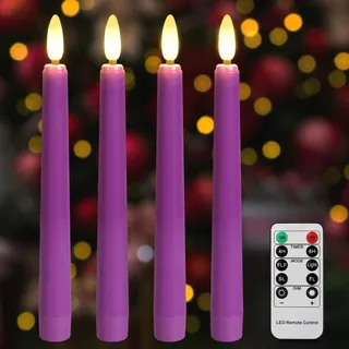 FREEPOWER 4er Lila LED Stabkerzen mit Timer Fernbedienung Flackern Batteriebetrieben Flammenlose Kerzen Warmweiß Dimmbar Advenskerzen für Adventskranz Deko, Innen/Outdoor Wasserdicht, 2x21cm