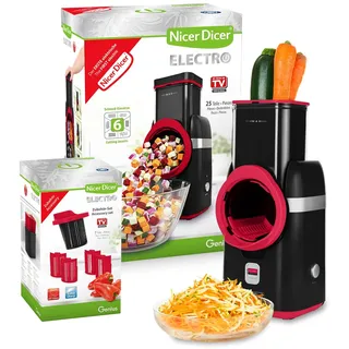 Genius Nicer Dicer Electro Gemüsehobel elektrisch Deluxe Set 32 tlg, Gemüseschneider automatisch, Käsereibe für Gemüse, Obst, Nüsse, 9 Extrascharfe Einsätze, Einfache Reinigung, Leistungsstark