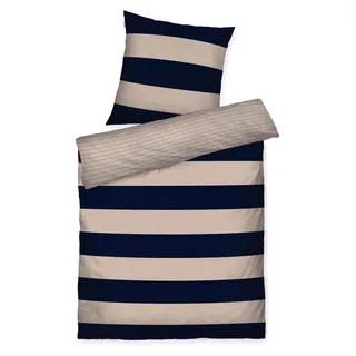 TOM TAILOR Renforcé-Bettwäsche, 80x80 cm + 135x200 cm, 100% Baumwolle, Wendemotiv, BOLD STRIPES Blau, Beige (Dark Navy & Sunny Sand)