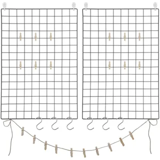 SONGMICS Fotowand aus Drahtgitter, 2er Set, Wanddekor, multifunktionale Gitterwand, Wandgitter, DIY, mit S-Haken, Klammern und Hanfschnur, schwarz LPP02H