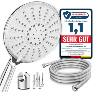 Lyvanas Duschkopf mit Schlauch und Halterung | Brausekopf für Dusche & Badewanne in extra gross (Ø15cm) - Wellness Regendusche - Silber