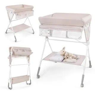 COSTWAY 3 in 1 Wickeltisch klappbar, mobile Wickelkommode mit Rollen, Wickelstation höhenverstellbar mit Mülleimer & Aufbewahrungskorb, tragbare Wickelauflage bis 11 kg Belastbar (Beige)
