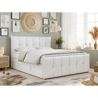 MKS Meble King Boxspringbett 160x200, Boxspringbett 160x200 mit Bettkasten und Matratze H4, Polsterbett 160x200 mit Matratze, Bett 160x200 mit Bettkasten, PR... - Weiß