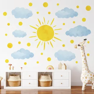 SHUCHING XXL Wandtattoo Sonne Aquarell, Wandsticker Sonnenschein und Wolken, Selbstklebend Wandaufkleber für Wohnzimmer Kinderzimmer Babyzimmer Spielzimmer