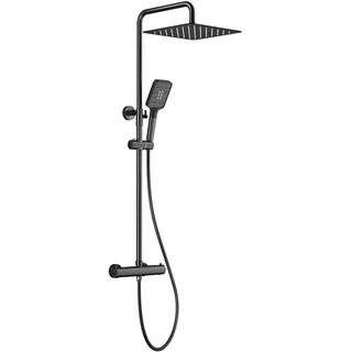 Rainsworth Duschsystem mit Thermostat Schwarz, 30 * 30cm Quadratisch Edelstahl Regendusche, Duscharmatur Komplettset, Regendusche mit Armatur, Duschkopf 3 Strahlarten, 92-126 cm Duschstangen