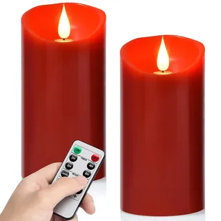 Tappovaly LED-Kerzen, flammenlose batteriebetriebene Kerzen. Blinkende Kerze mit Fernbedienung und Timer. Set von 2 echtes Wachs, verwendet für Wohndekoration und Feiertagsfeiern (2PACK, rot)