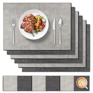 Tischsets Abwaschbar Leder und Untersetzer 6 Set, Doppelseitigen Platzset Abwaschbar und Wasserdicht Platzdeckchen Leder Kunstleder Tischset Lederoptik Platzset (Grau Schwarz)