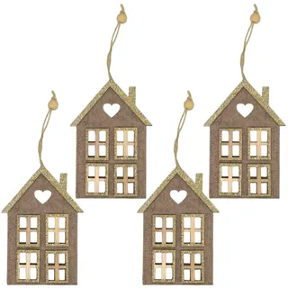 MIJOMA 4 Stück Set Weihnachtliche Filzanhänger, Wunderschön als Christbaumschmuck, für Adventsgesteck, Filz mit Holzelementen & Glitzer verziert, Schlaufe zum Anhängen (Haus 4 Fenster - Hellbraun)