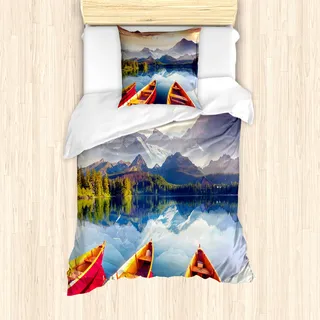 ABAKUHAUS Natur Mantele, Berge Shore Boote, Milbensicher Allergiker geeignet mit Kissenbezügen, 135 cm x 200 cm - 80 x 80 cm, Mehrfarbig