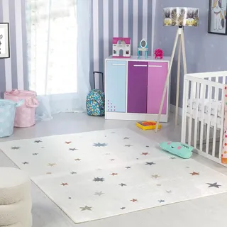 Livabliss Sterne Kinder 120x170 cm – Waschbar, Cartoon Design in Creme, Spiel & Krabbelunterlage für Babyzimmer & Kinderzimmer, für Jungen & Mädchen