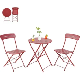 Bistrotisch mit 2 Stühlen, 3-teiliges Balkonmöbel Set, wetterfest, klappbar, Stahlrahmen, blau/rot