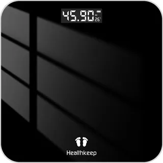 HEALTHKEEP Personenwaage, Körperwaage mit Hochpräzisions-Sensoren, Personen Digitalwaage mit Step-On-Technik, Gewichtswaage aus Sicherheitsglas, Schwarz (260 schwarz 202403)