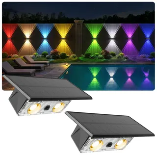 Solar Lampen für Außen, Solar Wandleuchte Warmweiß + RGB Up and Down Leuchten für Aussen Garten, IP65 Wasserdicht mit 9 Leuchtmodi, Außenwandleuchten für Garten Terrasse Zaun Balkon Hof, 2er Set