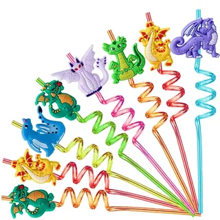 YOUYIKE 8 Stk Drachen Kinder Strohhalme, Wiederverwendbare Plastik Strohhalm, Lockige Party Trinkhalme, Trinkhalme für Kindergeburtstagsparty-Dekoration, Zubehör Familientreffen, Partygeschenke