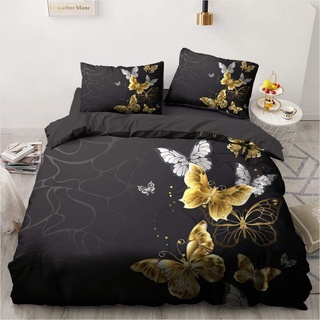 Luowei Schmetterling Bettwäsche 200x200cm Schwarz Gold Butterfly Muster Bettbezug Set Microfaser Wendebettwäsche mit Reißverschluss und 2 Kissenbezüge 80 x 80 cm