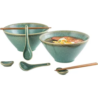 Japanische Ramen Schüssel Set Keramik 2L Groß Suppenschalen 2x Schüssel Essstäbchen Grün